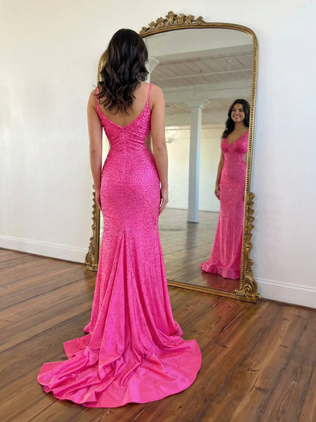 Dazzling Hot Pink Sequin V-Neck Cutout Prom Dresses with Slit