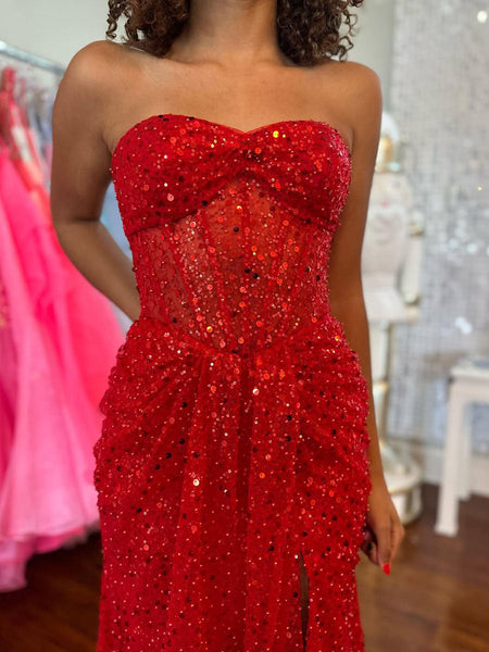 Dazzling Red Strapless Sequin Corset Slit Prom Dresses