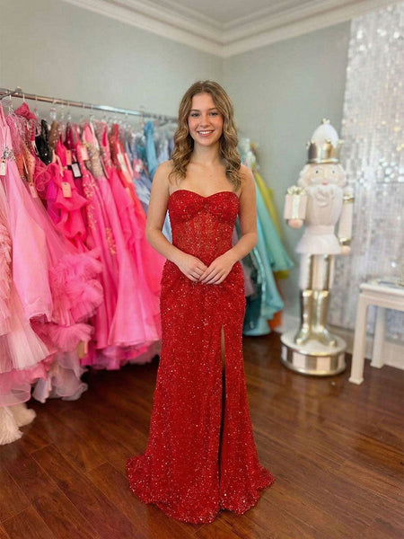 Dazzling Red Strapless Sequin Corset Slit Prom Dresses