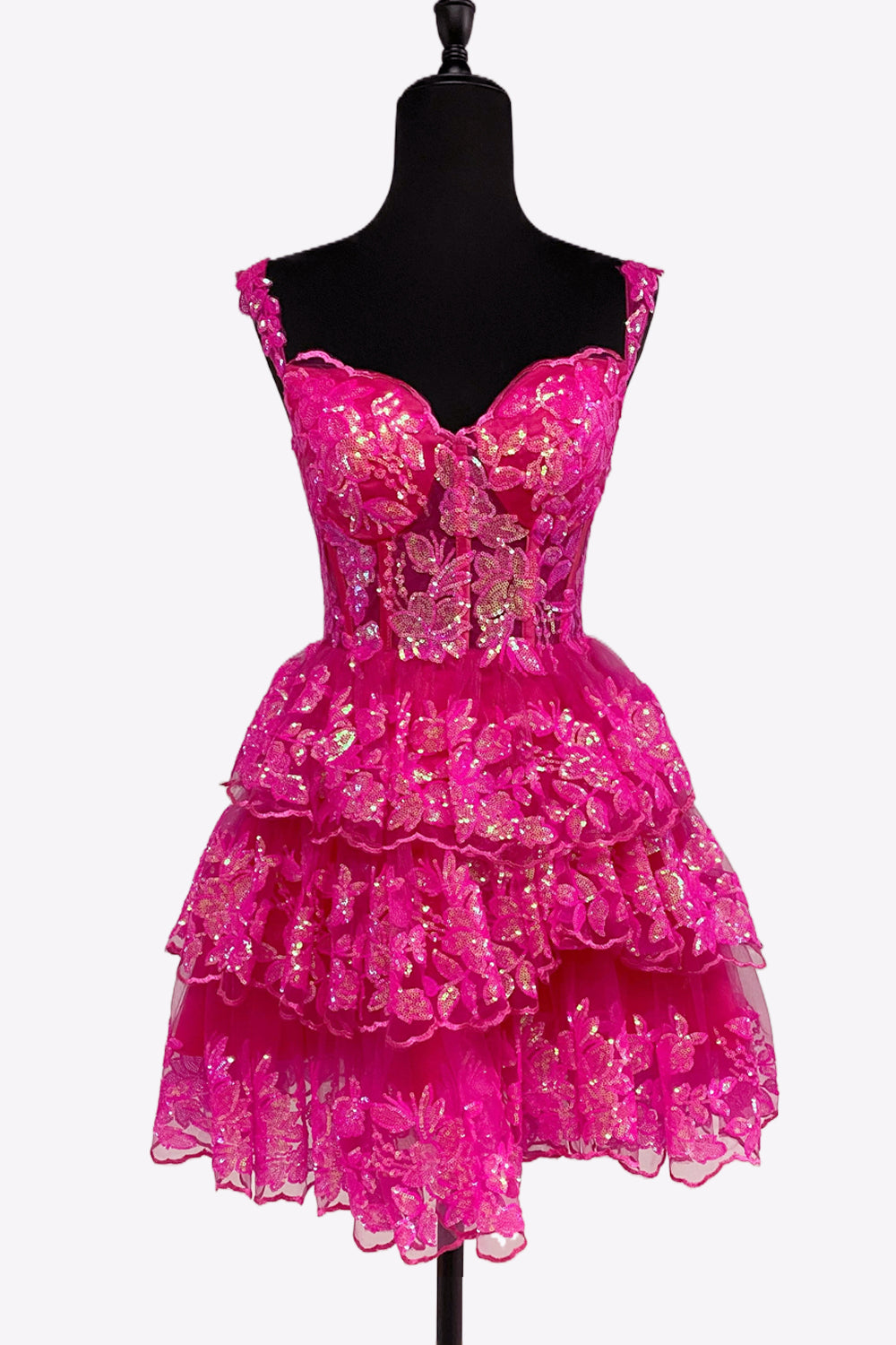 Deep Pink Sweetheart A-Line Sequin Lace Short Tiered Homecoming Dresses VK081408