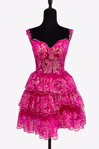 Deep Pink Sweetheart A-Line Sequin Lace Short Tiered Homecoming Dresses VK081408