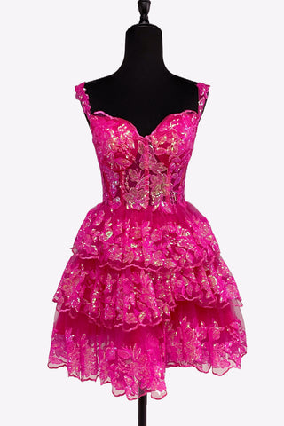 Deep Pink Sweetheart A-Line Sequin Lace Short Tiered Homecoming Dresses VK081408