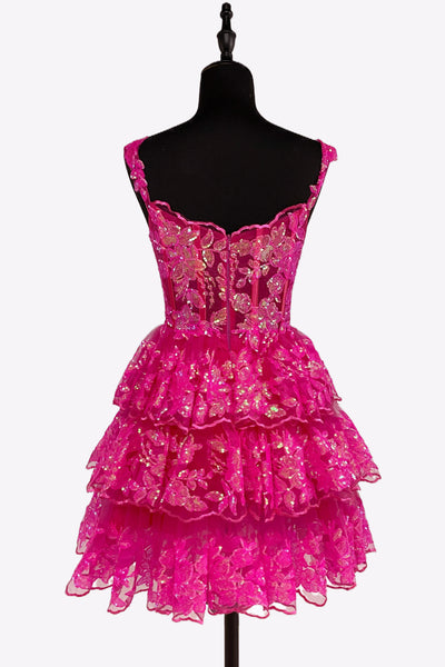 Deep Pink Sweetheart A-Line Sequin Lace Short Tiered Homecoming Dresses VK081408
