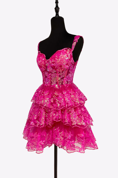 Deep Pink Sweetheart A-Line Sequin Lace Short Tiered Homecoming Dresses VK081408