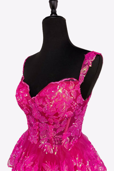 Deep Pink Sweetheart A-Line Sequin Lace Short Tiered Homecoming Dresses VK081408