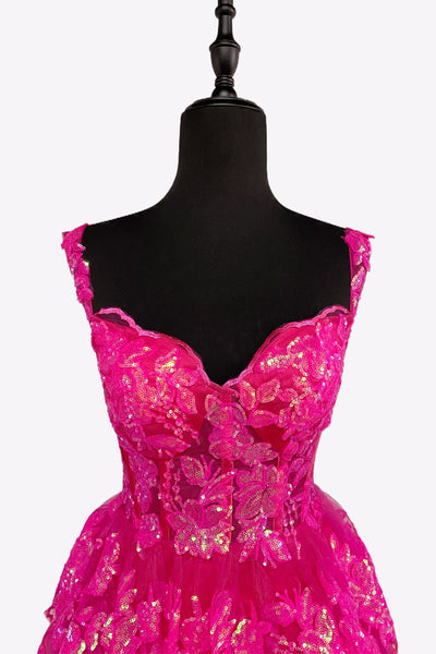 Deep Pink Sweetheart A-Line Sequin Lace Short Tiered Homecoming Dresses VK081408