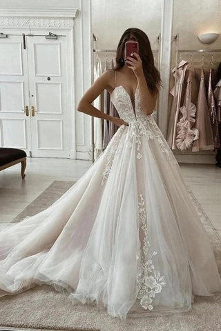 Deep V Neck Ivory Lace Prom Dresses with Sweep Train, Ivory Lace Formal Evening Wedding Dresses VK0608006-1