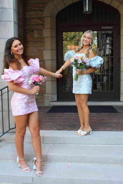 Detachable Puff Sleeve Pink Jacquard Short Dress
