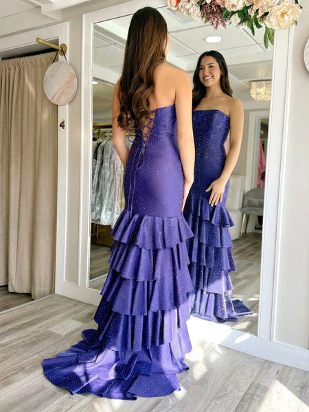 Dramatic Purple Shimmer Tiered Ruffle Slit Prom Dress VK26031517