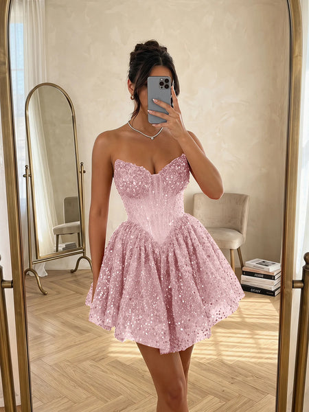 Sequin Strapless Sweetheart Mini Homecoming Dress with Ruffled Skirt