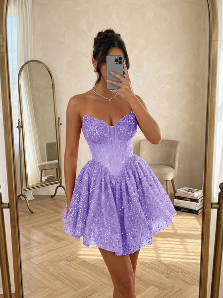 Sequin Strapless Sweetheart Mini Homecoming Dress with Ruffled Skirt