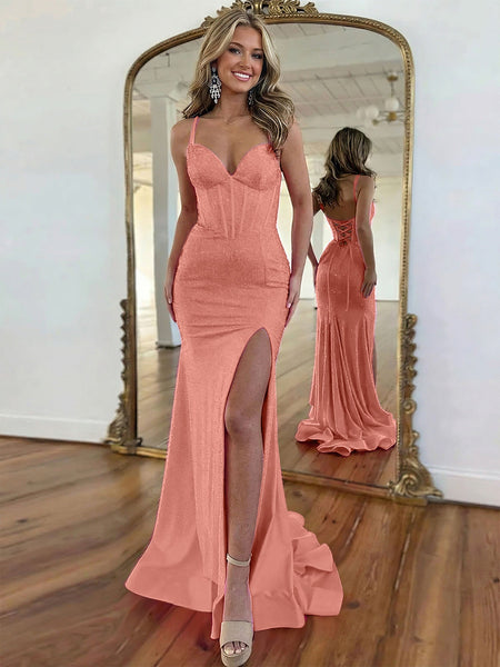 Hot Pink Lace-Up Back Corset Shimmer Prom Dresses with Slit VK26031513