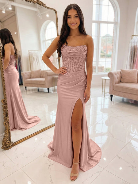 Romantic Pink Satin Corset Slit Prom Dress with Beaded Bodice