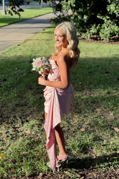 Cowl Neck Light Pink Short Dress with Side Train