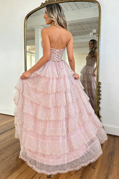 Blush Pink Sweethear Lace Up Tiered Tulle Prom Dress With Sparkle Formal Evening Gown