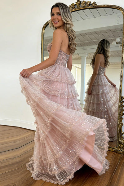 Blush Pink Sweethear Lace Up Tiered Tulle Prom Dress With Sparkle Formal Evening Gown