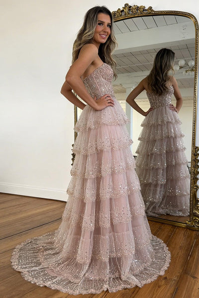 Blush Pink Sweethear Lace Up Tiered Tulle Prom Dress With Sparkle Formal Evening Gown