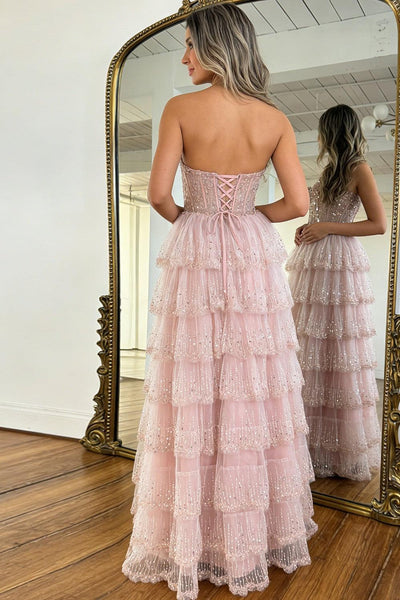 Blush Pink Sweethear Lace Up Tiered Tulle Prom Dress With Sparkle Formal Evening Gown