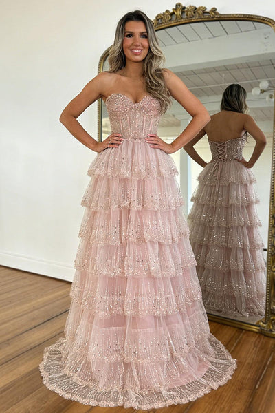 Blush Pink Sweethear Lace Up Tiered Tulle Prom Dress With Sparkle Formal Evening Gown