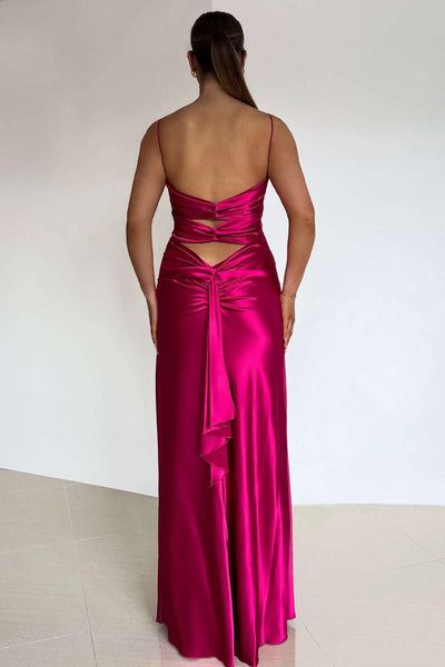 Elegant Yellow V-Neck Back Satin Gown With Front Twist Formal Evening Gown