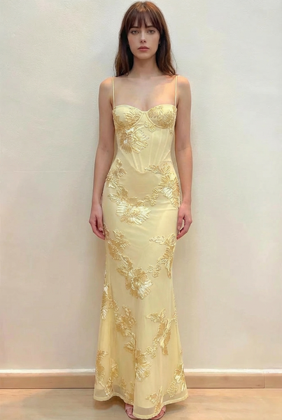 Elegant Mermaid Floral Embroidered Lace Up Yellow Prom Dress