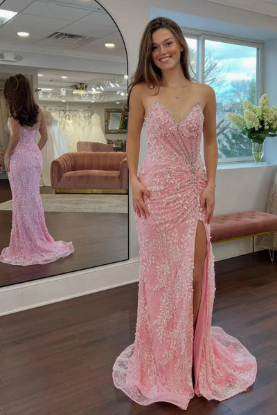 Elegant Spaghetti Strap V Neck Beaded Leaf Lace Ruched High Slit Mermaid Prom Dress with Train