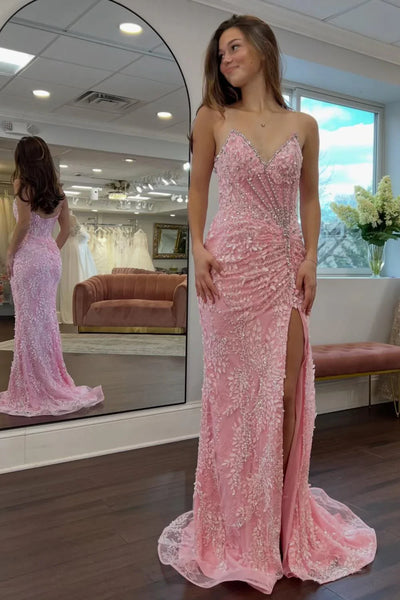 Elegant Spaghetti Strap V Neck Beaded Leaf Lace Ruched High Slit Mermaid Prom Dress with Train