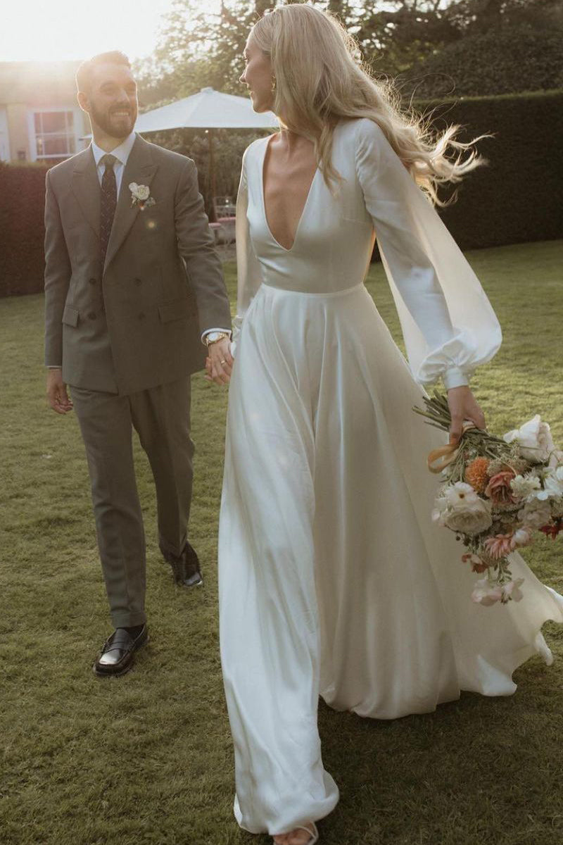 Elegant A-Line Deep V Neck Silk Satin Long Sleeves Wedding Dresses VK23082501-1