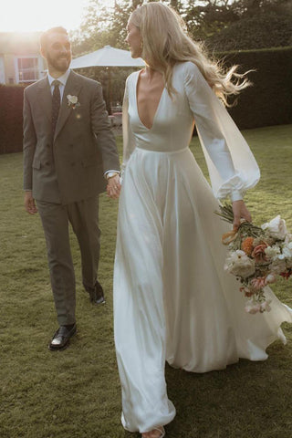 Elegant A-Line Deep V Neck Silk Satin Long Sleeves Wedding Dresses VK23082501-1