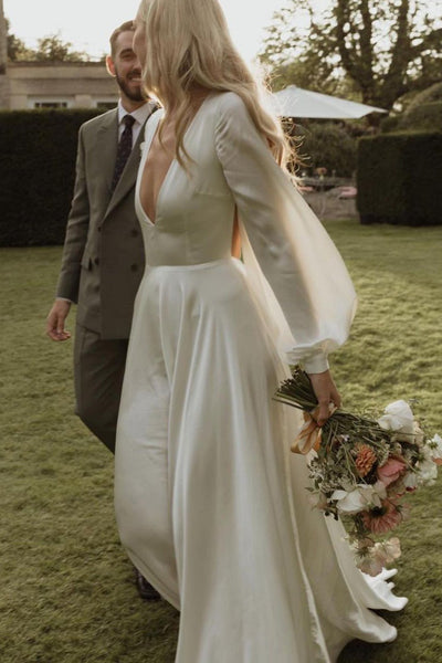 Elegant A-Line Deep V Neck Silk Satin Long Sleeves Wedding Dresses VK23082501-4
