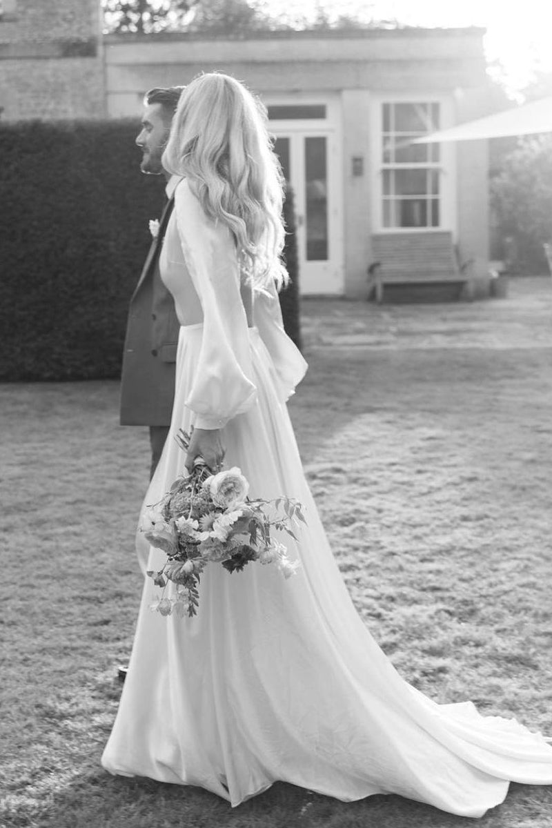 Elegant A-Line Deep V Neck Long Sleeves Wedding Dresses VK23082501 – Vickidress