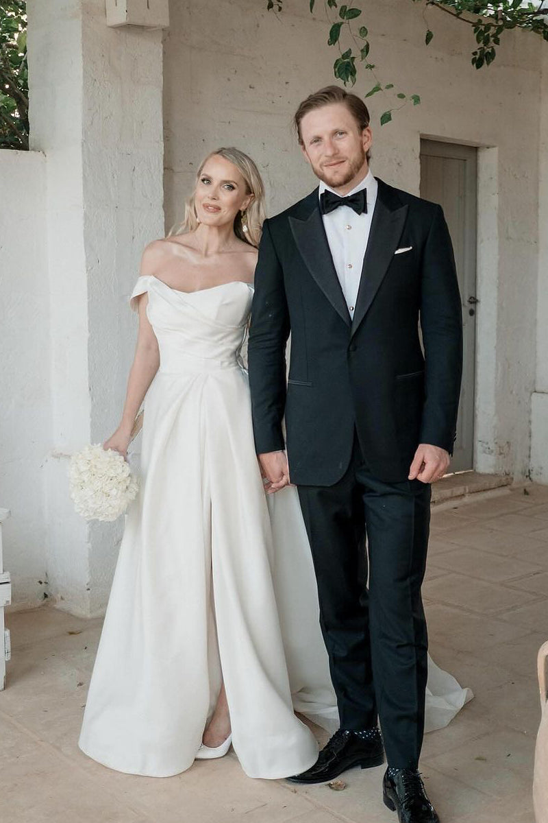 Elegant A-Line Off the Shoulder Satin Wedding Dress with Slit VK24052302
