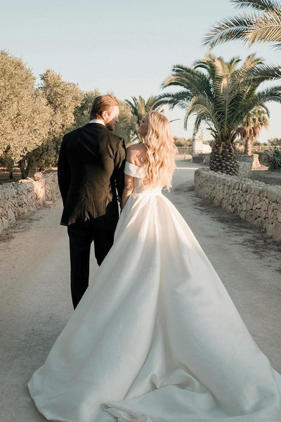 Elegant A-Line Off the Shoulder Satin Wedding Dress with Slit VK24052302