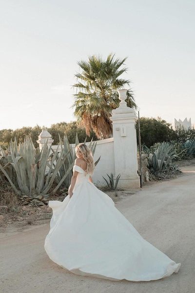 Elegant A-Line Off the Shoulder Satin Wedding Dress with Slit VK24052302