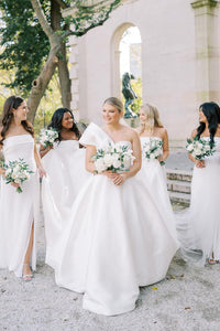 Elegant A-Line One Shoulder White Satin Wedding Dresses VK24051003