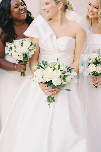 Elegant A-Line One Shoulder White Satin Wedding Dresses VK24051003