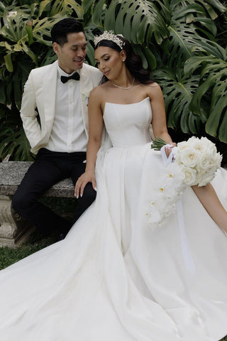 Elegant A-Line Strapless Satin Wedding Dress with Slit VK24052303-1
