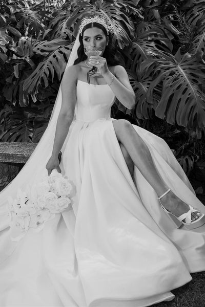 Elegant A-Line Strapless Satin Wedding Dress with Slit VK24052303-4