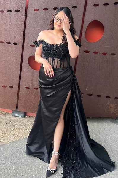 Mermaid Off the-Shoulder Green Satin Prom Dresses with Appliques