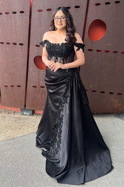Mermaid Off the-Shoulder Green Satin Prom Dresses with Appliques