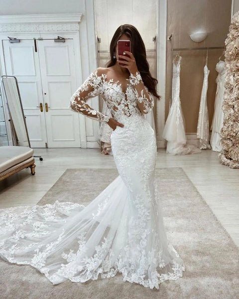 Elegant Mermaid Bateau Neck Long Sleeves Wedding Dresses with Appliques VK0731115-1