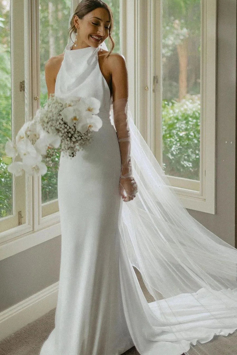 Elegant Mermaid Halter Satin Long Wedding Dresses VK23013004-1