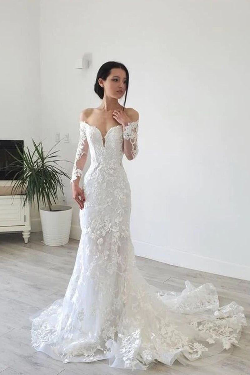 Elegant Mermaid Long Sleeve Off the Shoulder Lace Wedding Dress VK24091401
