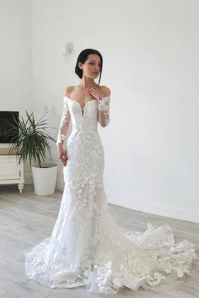Elegant Mermaid Long Sleeve Off the Shoulder Lace Wedding Dress VK24091401