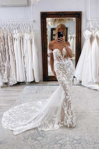 Elegant Mermaid Off the Shoulder Tulle Wedding Dresses with Lace Appliques VK24090904