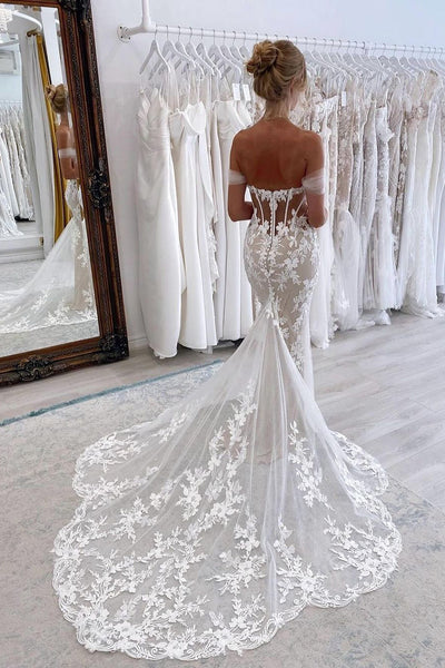 Elegant Mermaid Off the Shoulder Tulle Wedding Dresses with Lace Appliques VK24090904