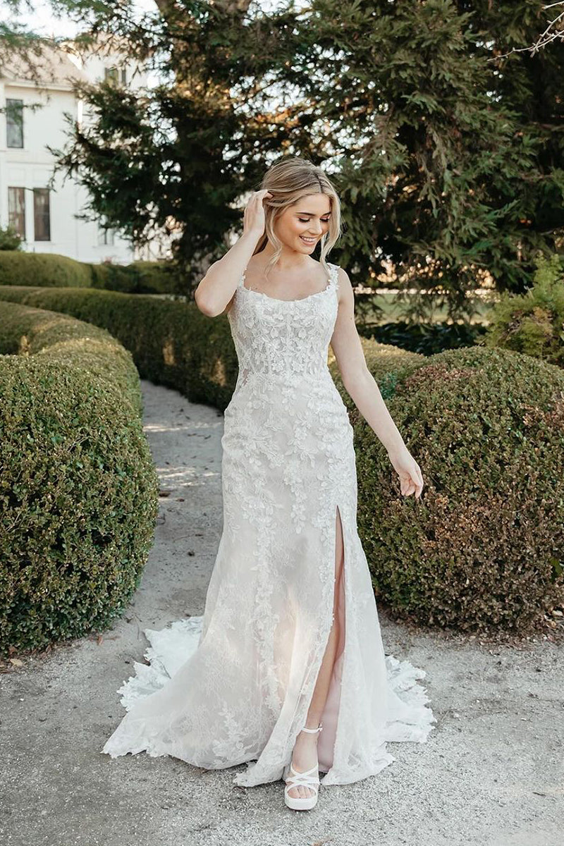 Elegant Mermaid Scoop Neck Lace Wedding Dresses with Slit VK073196-1