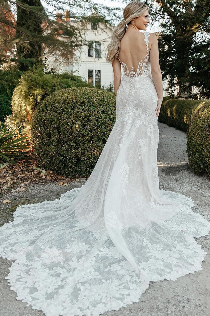 Elegant Mermaid Scoop Neck Lace Wedding Dresses with Slit VK073196   Vickidress
