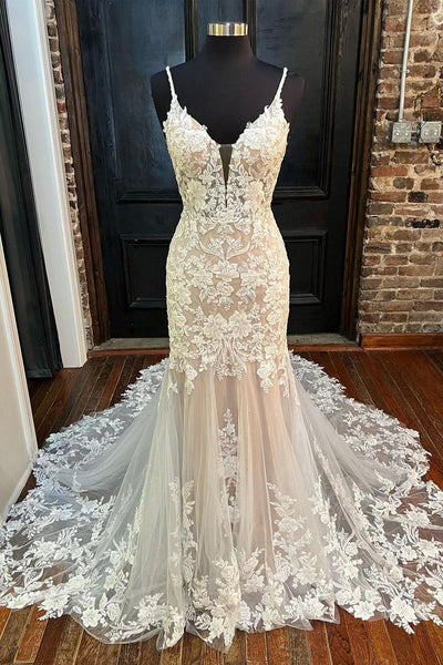 Elegant Mermaid V Neck Lace Champagne Wedding Dresses VK0731110-1