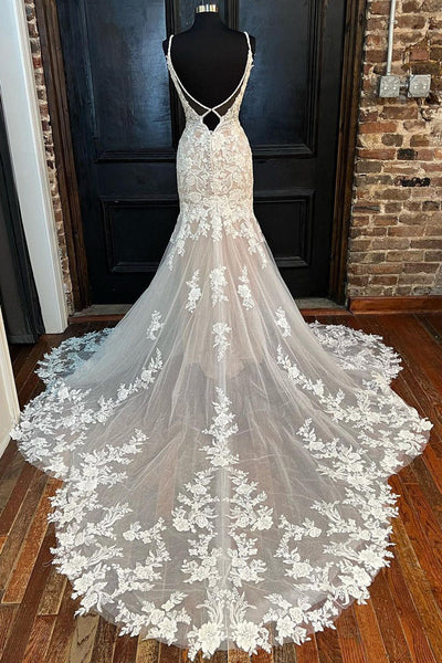 Elegant Mermaid V Neck Lace Champagne Wedding Dresses VK0731110-2